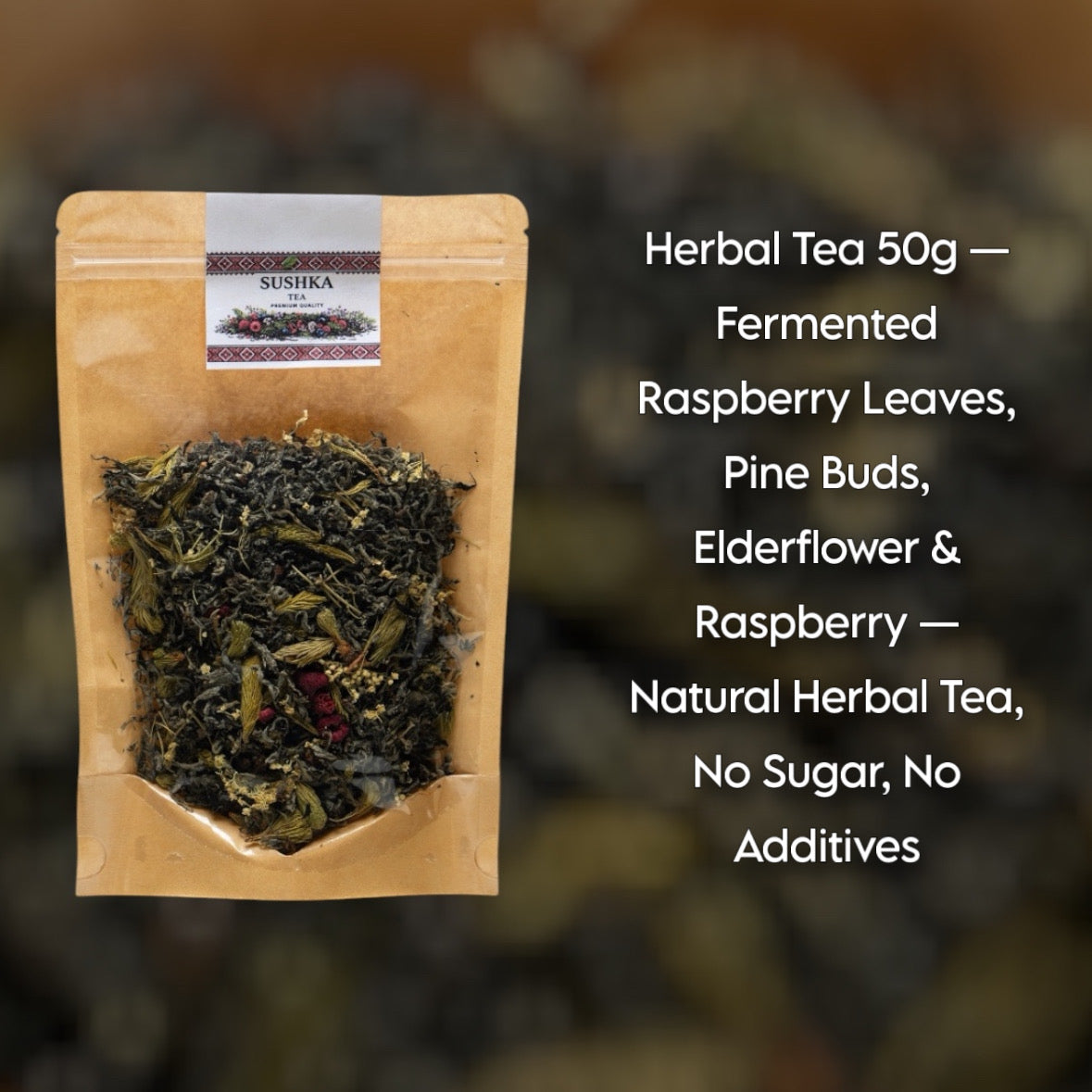 Natural Herbal Tea Blend 50g –Raspberry Leaves, Pine Buds, Elderflower & Raspberry